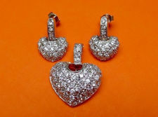 Picture of “Fancy pavé heart” set of pendant and dangle earrings in sterling silver, a heart shape with cubic zirconia