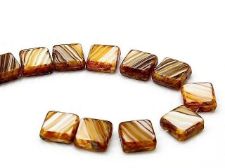 Picture of 10x10 mm, flat square Czech beads, striped cream-caramel-brown, opaque, travertine, 12 pieces