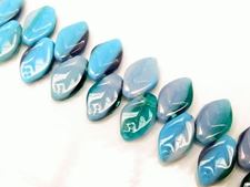 Picture of 12x7 mm, Czech druk beads, wavy leaf, shades of blue