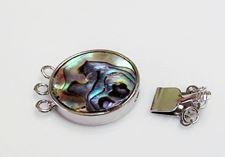 Picture of 21x21 mm, brass clasp, multi-strand slide, 3 rings, silver-plated, inlaid with abalone
