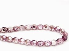 Picture of 6x6 mm, Czech faceted round beads, transparent, lavender pink luster, half tone mirror