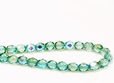 Picture of 6x6 mm, Czech faceted round beads, transparent, light emerald green luster, shimmering