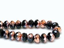 Image de 6x9 mm, perles à facettes tchèques rondelles, noires, opaques, miroir partiel or rose