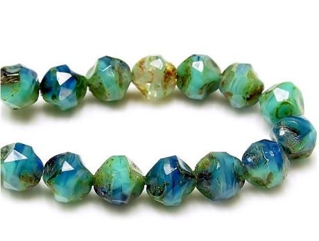 Image de 8x8 mm, coupe centrale, perles tchèques, bleu et bleu-vert, travertin