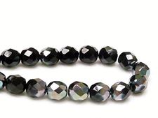 Picture of 8x8 mm, Czech faceted round beads, black, opaque, iridescent luster