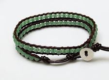 Image de Bracelet wrap en cuir, perles pierres gemmes, aventurine, verte, naturelle