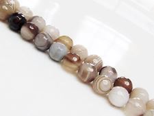 Picture of 8x8 mm, round, gemstone beads, natural striped agate, warm grey to beige, faceted