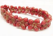 Picture of 14x13 mm, pressed Czech beads, cherry blossom flower, naphthol red, matte, old gold patina