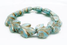Picture of 16x14 mm, Czech druk beads, maple leaf, variegated sky blue, matte, bronze patina, 6 pieces