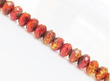 Picture of 5x8 mm, Czech faceted rondelle beads, topaz yellow and crayola red glaze, travertin