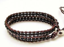 Image de Bracelet wrap en cuir, perles pierres gemmes, onyx, noir