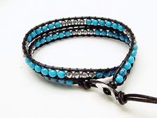 Image de Bracelet wrap en cuir, perles pierres gemmes, turquoise bleue et hématite