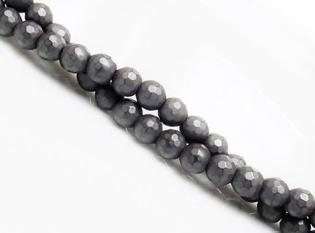 Picture of 6x6 mm, round, gemstone beads, hematite, midnight grey metalized, faceted, frosted