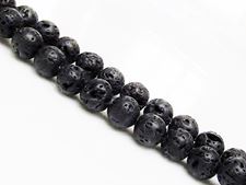 Picture of 8x8 mm, round, gemstone beads, lava rock, dyed black, waxed