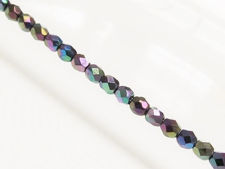 Picture of 4x4 mm, Czech faceted round beads, black, opaque,  purple blue iris luster