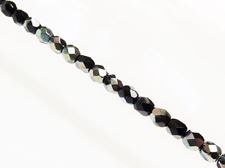 Picture of 4x4 mm, Czech faceted round beads, black, opaque, green-blue luster