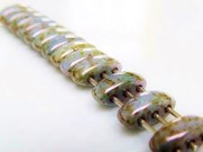 Picture of 3x8 mm, spindle, Cali beads, Czech glass, 3 holes, chalk white, opaque, grey blue and green fusion