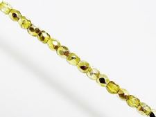 Picture of 4x4 mm, Czech faceted round beads, transparent, lime green luster, half tone mirror