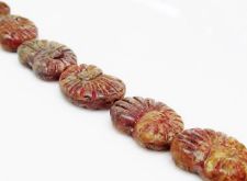 Picture of 17x13 mm, Czech druk beads, flat oval-shaped nautilus, earth tones, opaque, antique travertine, matte, 6 pieces