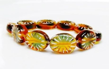 Picture of 14x11x5 mm, Czech druk beads, puffy oval, variegated amber brown and ocean blue, transparent, white comma dashes