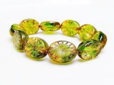 Picture of 14x11x5 mm, Czech druk beads, puffy oval, variegated crystal and moss green, transparent, picasso comma dashes