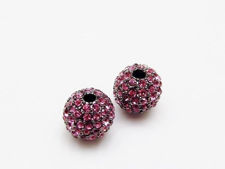 Picture of 10x10 mm, round, alloy beads, silver-plated, fuchsia pink pavé crystals, 2 pieces