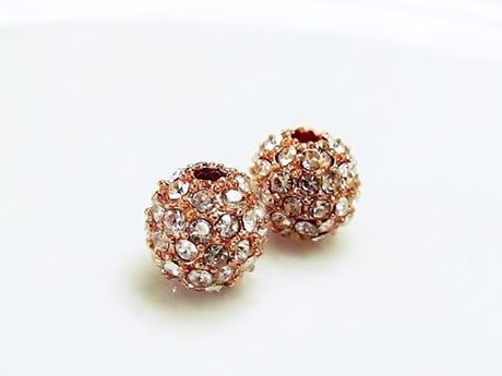 Picture of 8x8 mm, round, alloy beads, rose gold-plated, clear pavé crystals, 2 pieces