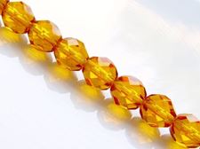 Picture of 8x8 mm, Czech faceted round beads, amber yellow, transparent, pre-strung