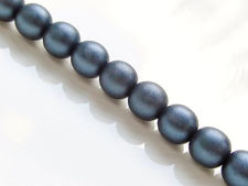 Picture of 10x10 mm, round, Czech druk beads, black, opaque, dark blue satin finishing, pre-strung, 20 beads