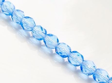 Picture of 4x4 mm, Czech faceted round beads, light sapphire blue, transparent, pre-strung