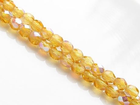 Picture of 4x4 mm, Czech faceted round beads, honey yellow, transparent, AB finishing, pre-strung 