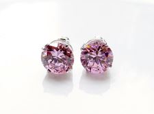 Picture of “Brilliant cut” modern stud earrings, sterling silver, round cubic zirconia, large, 9 mm, pink