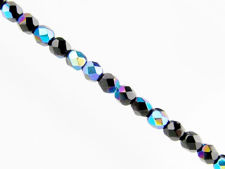 Picture of 3x3 mm, Czech faceted round beads, black, opaque, blue iris shimmer