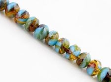 Picture of 6x8 mm, Czech faceted rondelle beads, Colorado topaz brown, transparent, opalite blue-green finishing, opaque