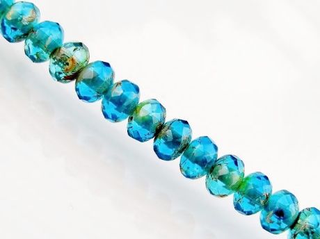 Picture of 3x5 mm, Czech faceted rondelle beads, shades of deep sky blue and turquoise blue, transparent, dark picasso