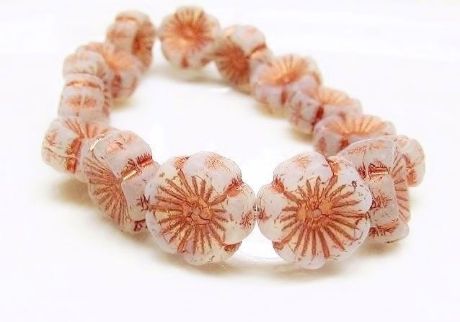 Picture of 14x14 mm, Czech druk beads, Hawaiian flower, silver grey, matte, rose gold patina