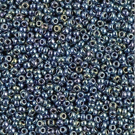 Picture of Japanese seed beads, round, size 15/0, Miyuki, opaque, gunmetal, iris blue finishing