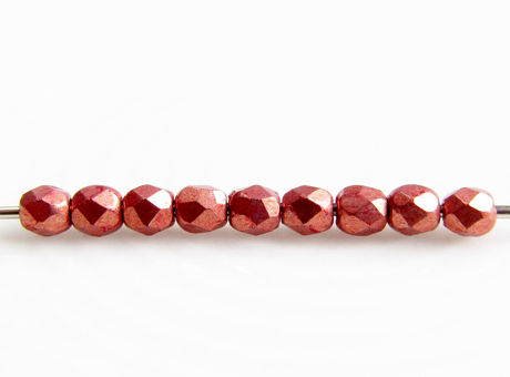 Picture of 2x2 mm, Czech faceted round beads, lantana or medium light red, opaque, sueded gold