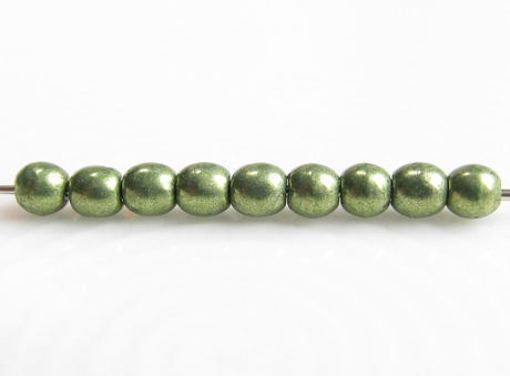 Picture of 3x3 mm, round, Czech druk beads, fern green, opaque, sueded gold
