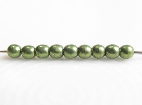 Picture of 2x2 mm, round, Czech druk beads, fern green, opaque, sueded gold