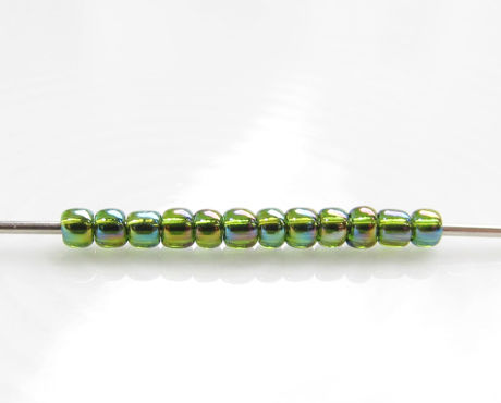 Picture of Japanese seed beads, round, size 11/0, Toho, transparent, olivine green, rainbow